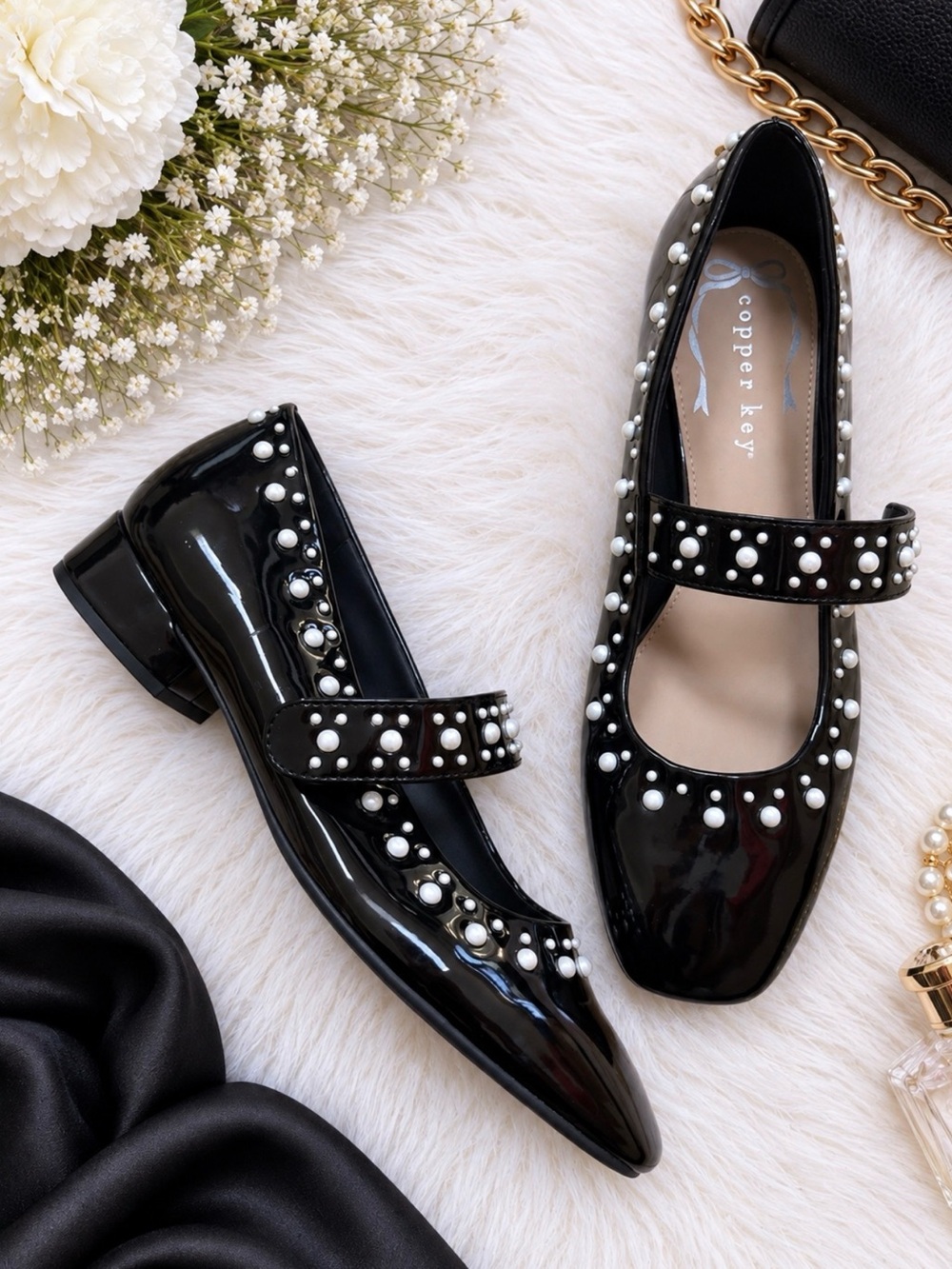 Black Patent Mary Jane Flats with Pearl Studs